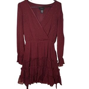 B. Darlin Women Ruffled Tiered Dress Sz 3/4 Burgundy Smocked Waist WhimsiGoth